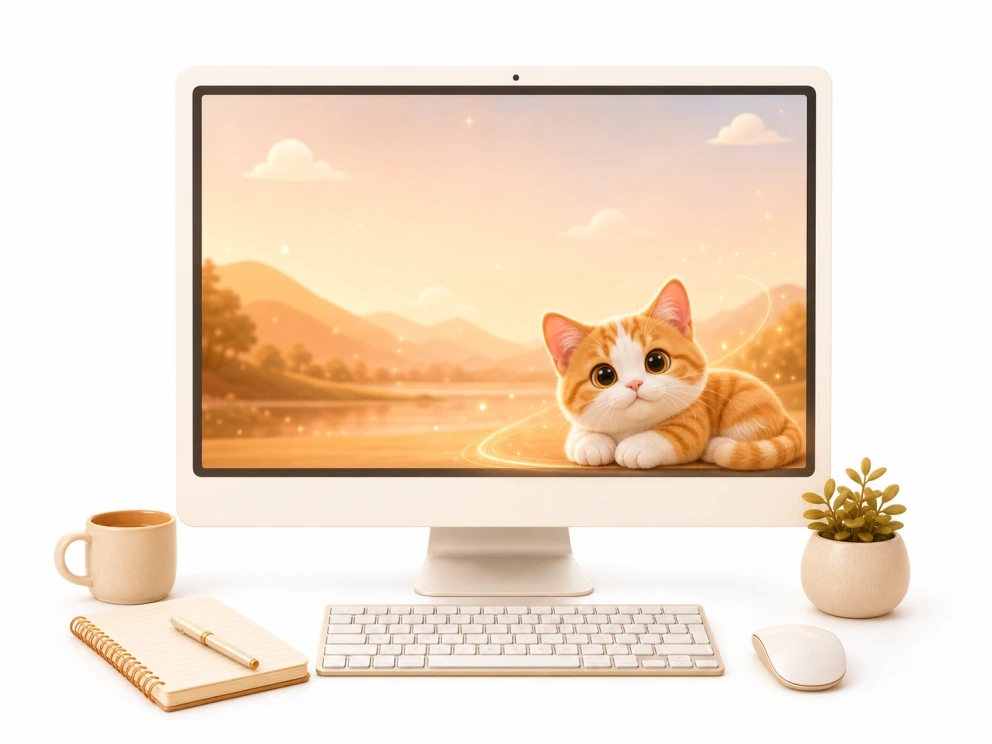 A cat companion resting quietly in the corner of a computer screen