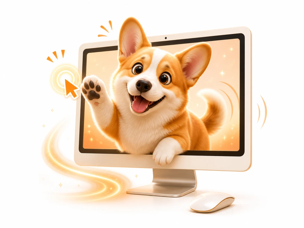 A corgi desktop pet perking up and reacting to a click