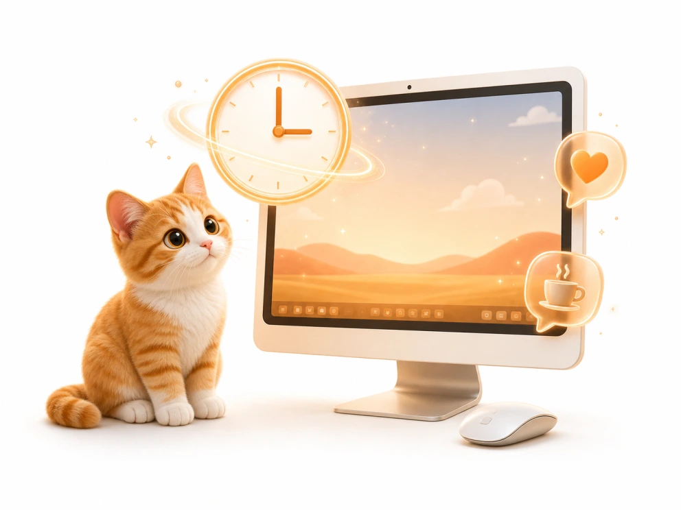 A cat companion chiming the hour and gently nudging you to take a break