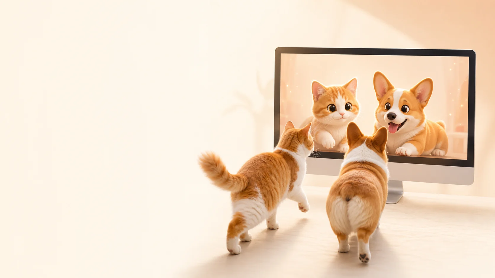 A cat and dog meeting their alive selves on a desktop screen
