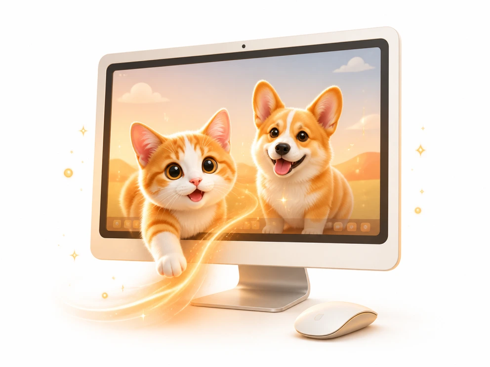Your pet settling onto your desktop, moving and reacting